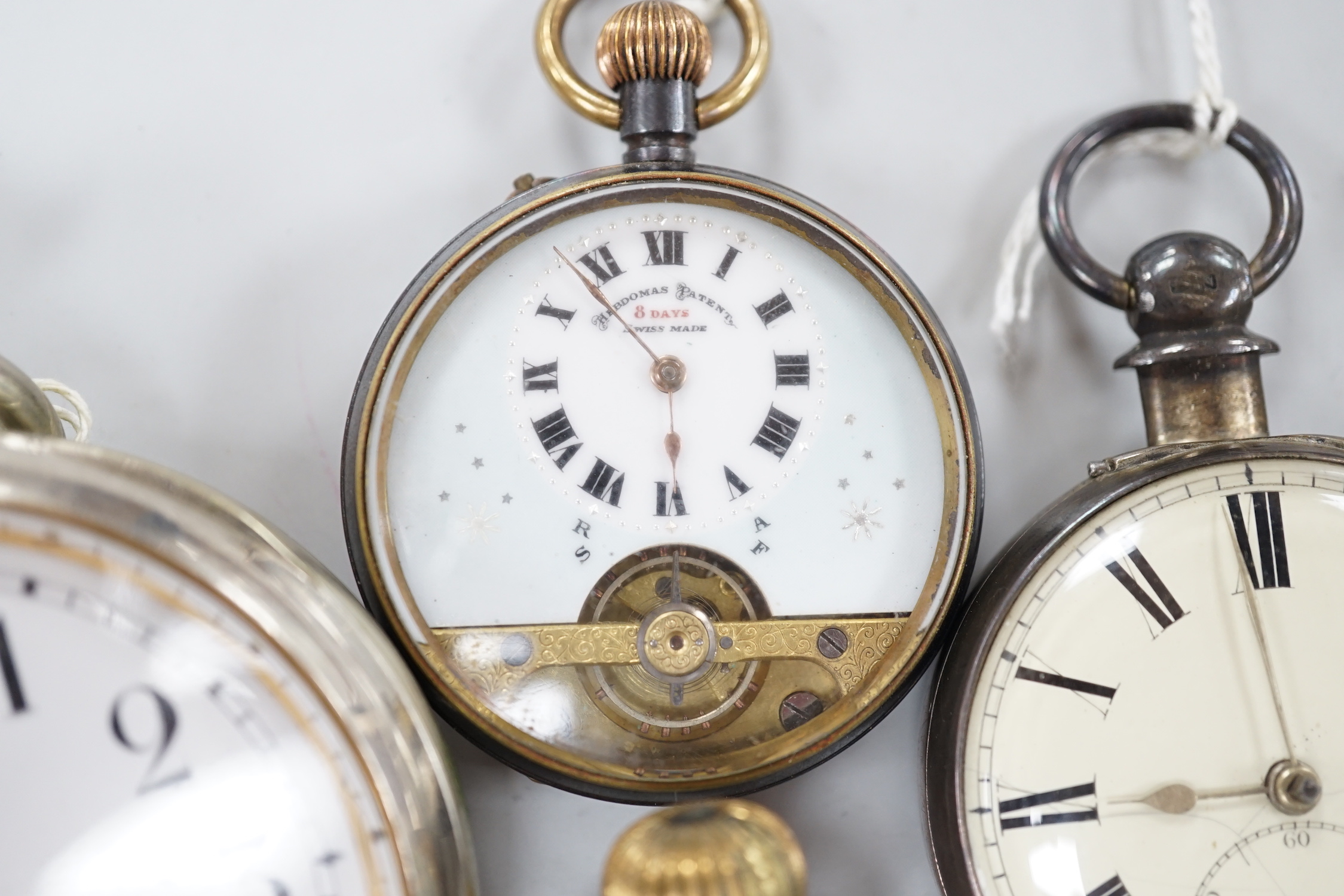 Ten assorted base metal pocket watches including two Goliath one by Bishop of Bournemouth.